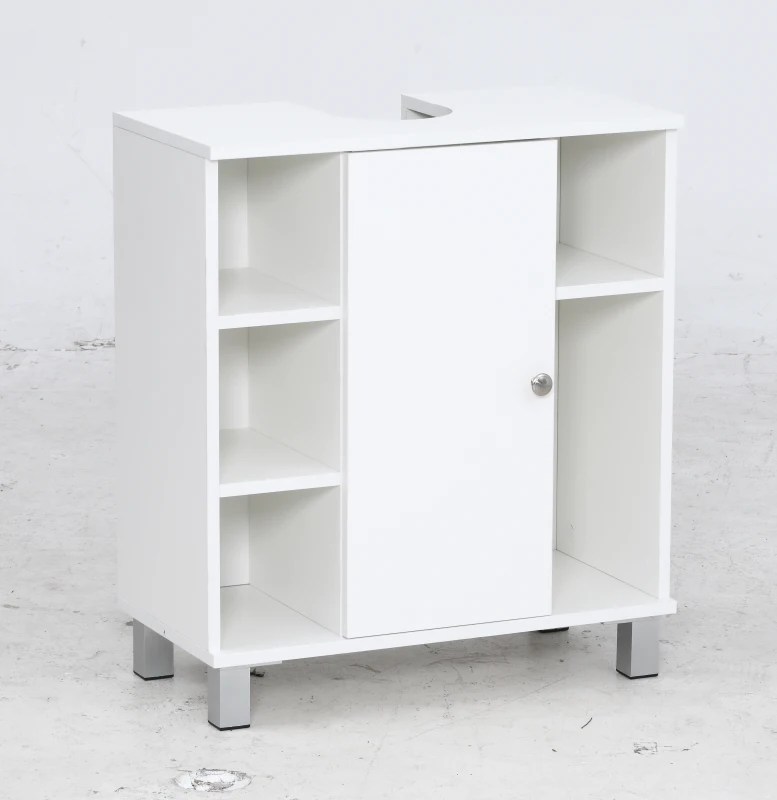kleankin Mueble para Debajo del Lavabo Armario Baño de Suelo de Madera con 5 Compartimentos Abiertos y 1 Puerta Diseño Compacto Moderno 60x30x68 cm Blanco
