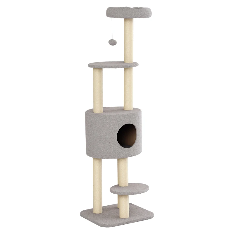 PawHut Albero Tiragraffi Robusto per Gatti con 5 Livelli, Cuccia, Casetta, Giochi e Corda Sisal, Grigio e Beige Max 30kg