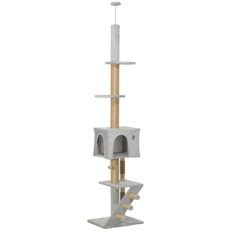 PawHut Árbol para Gatos de Suelo a Techo de 225-265 cm con Altura Ajustable Múltiples Plataformas Escalera Bola Colgante Gris