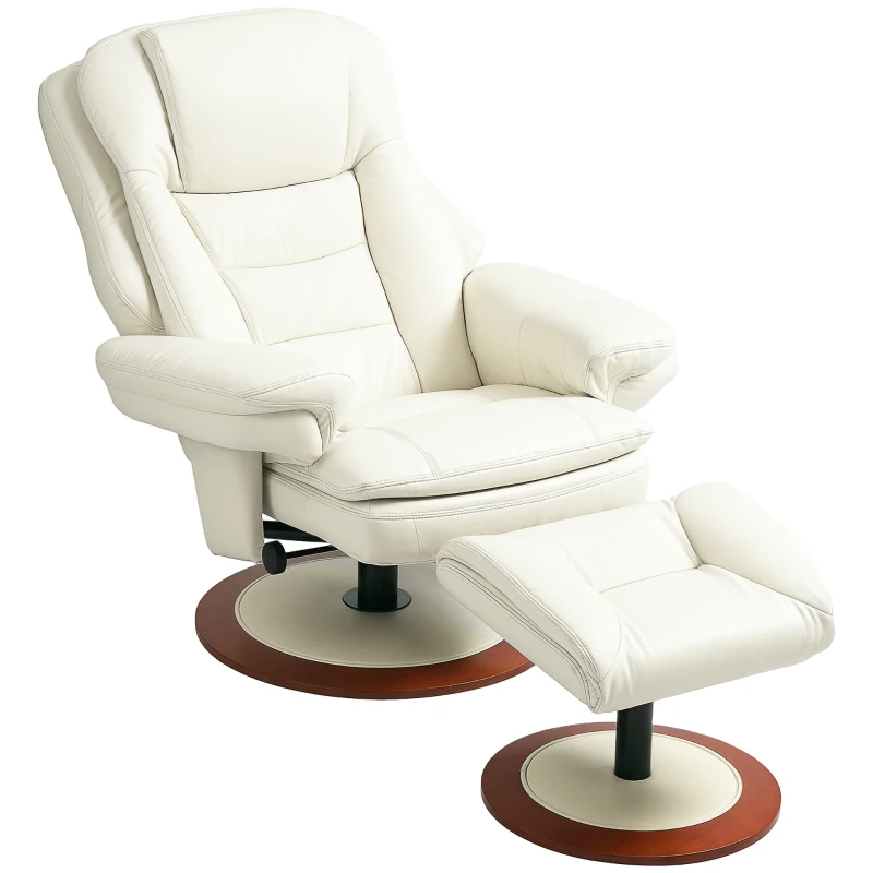 HOMCOM Fauteuil relaxant avec repose-pieds, fauteuil inclinable, fauteuil TV avec base en bois, résistant jusqu'à 150 kg, similicuir, Cremeweiß