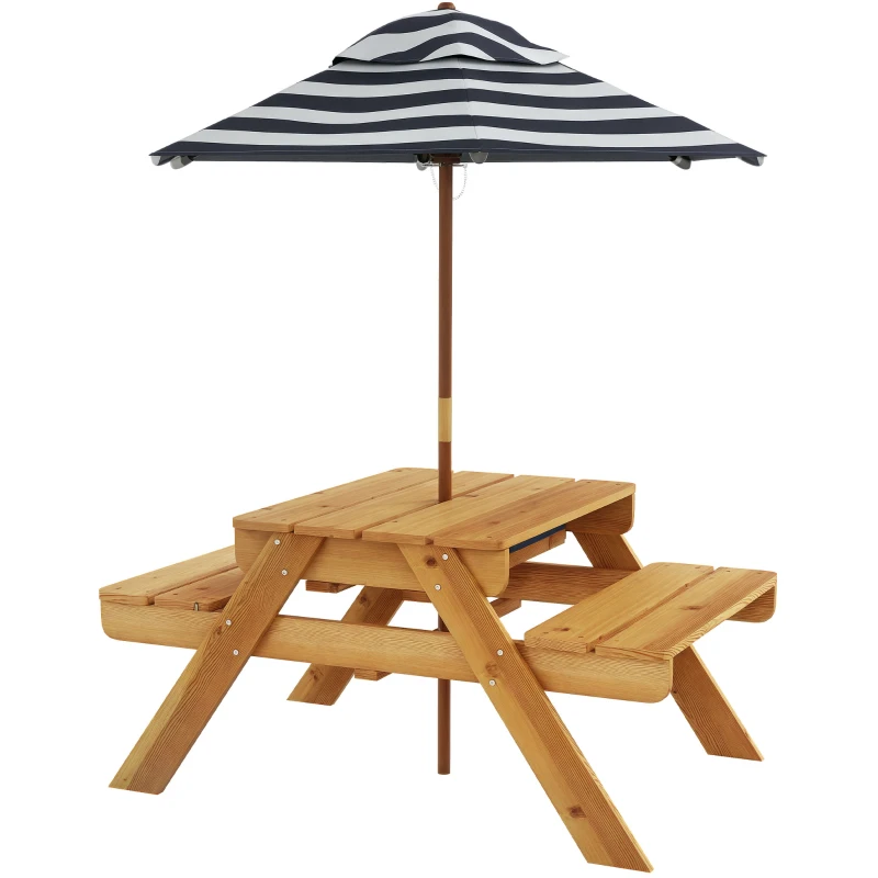 Outsunny Mesa de Piquenique para Crianças de Madeira Mesa e 2 Bancos Infantis com Chapéu de Sol e Caixa de Areia 89x80,5x42,5 cm Teca