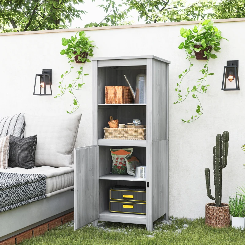 Outsunny Cabanon de jardin avec porte de grange, étagères ajustables, design fin, bois de sapin, Gris clair