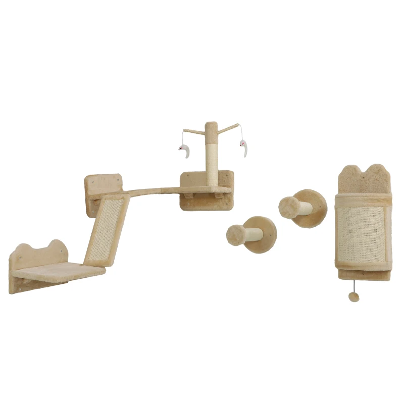 PawHut Rascador de Pared para Gatos de 4 Piezas con Postes de Sisal Plataforma para Saltar Bola de Juguete Beige