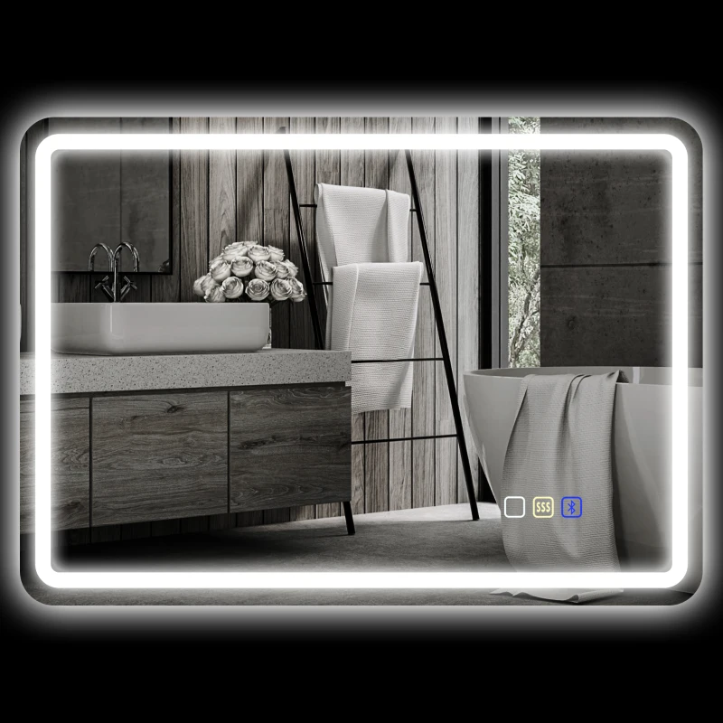 HOMCOM Miroir de salle de bains avec éclairage LED, Pad anti-buée, 3 couleurs réglables, 700 x 900 mm, Argent