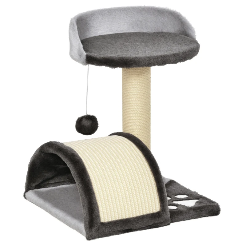 PawHut Arbre à chat griffoir grattoir design jeu boule suspendue + plateforme peluche sisal naturel gris foncé