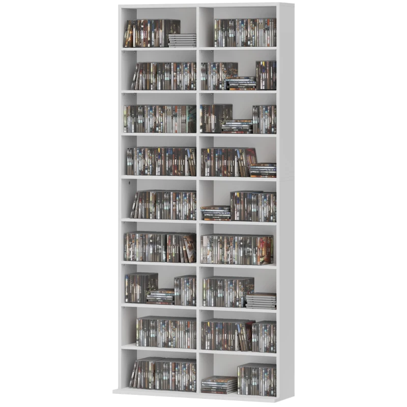 HOMCOM Étagère DVD, support de rangement CD, 14 étagères ajustables, 18 compartiments, 175 cm, étagère Blu-ray, Panneau de particules, Blanc