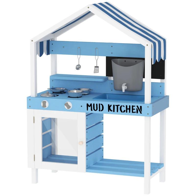 AIYAPLAY Cuisine d'Extérieur pour Enfants avec Toit en Soleil, Ensemble de Batterie de Cuisine, Bois Massif, Bleu