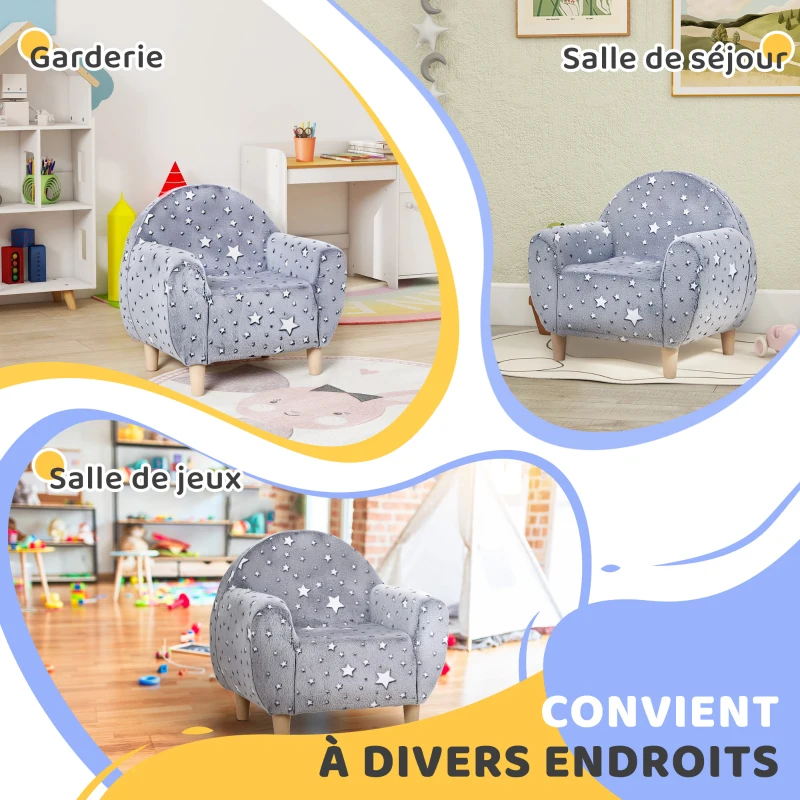 AIYAPLAY Fauteuil enfants canapé pour enfants hosphorescent avec motif étoilé, tissu velours, pour garçons et filles, gris
