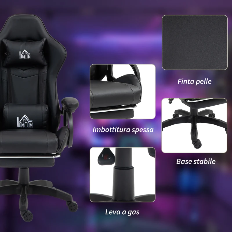 HOMCOM Chaise de Gaming Inclinable à 125° et Massante en Similicuir avec Repose-Pieds, 65x68x120-128 cm, Noir