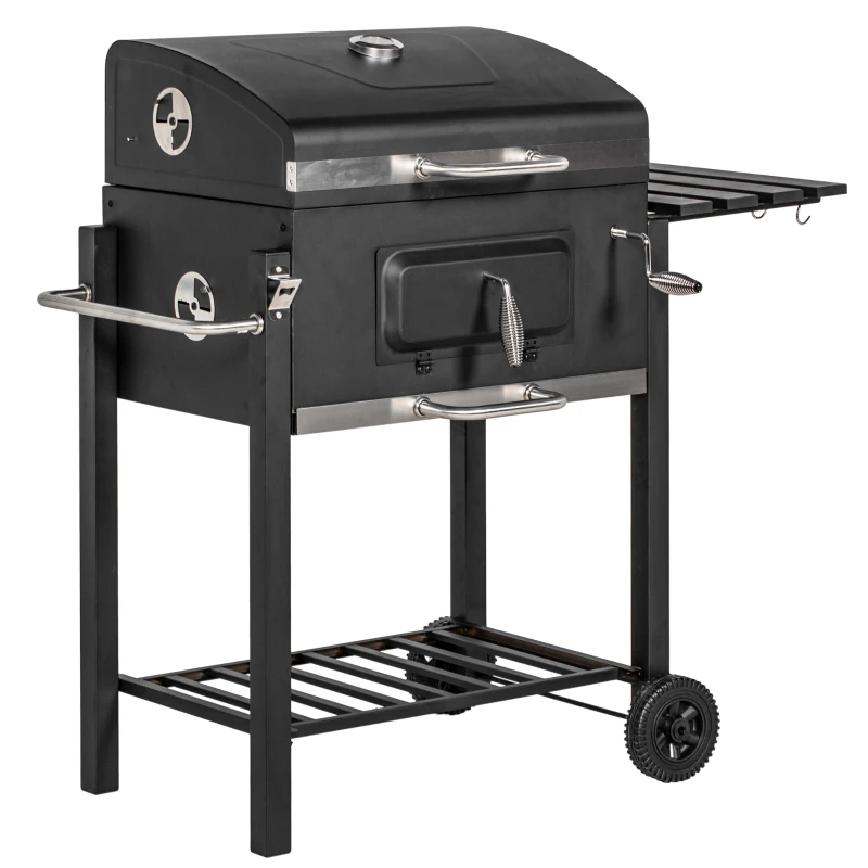 Outsunny Barbecue Charbon de Bois Smoker BBQ-Smoker, 1 étagère, 1 porte-serviettes, 2 grilles, 113 cm x 65 cm x 108 cm, Noir