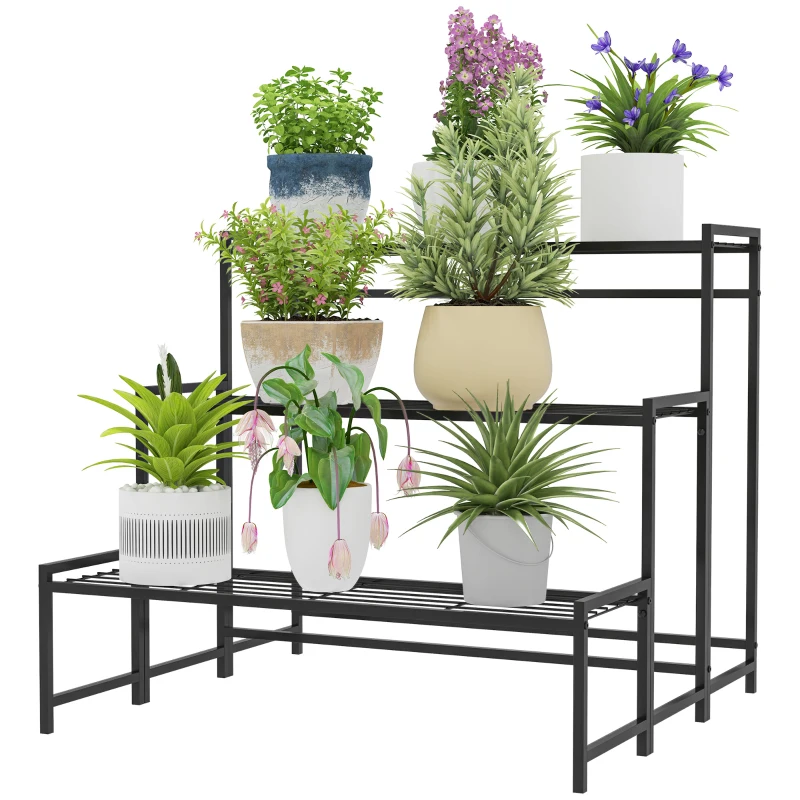 Outsunny Support de pot de fleurs, Support de plantes en 3 étages en forme d'escalier, Support de pot de fleurs pour l'intérieur et l'extérieur, Métal, Noir