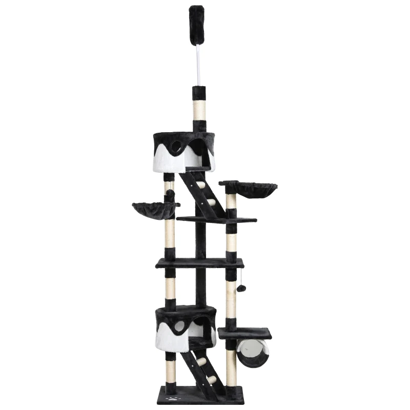 PawHut Arbre à Chat Suspendu avec Hauteur Réglable 240-260cm, Arbre à Chat à Plusieurs Niveaux avec Cabanes, Hamacs et Échelles, Cordes en Sisal, Gris Foncé et Blanc