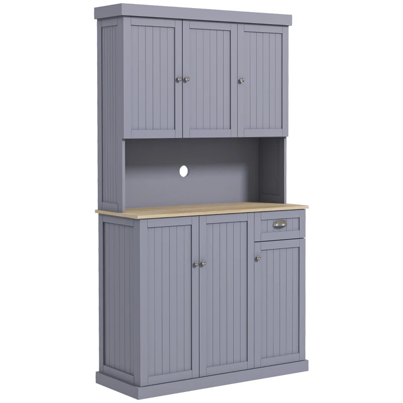 HOMCOM 180cm Freestanding Kitchen Cabinet, Modern Storage Cupboard with Open Countertop, Drawer and 6 Doors, Grey
