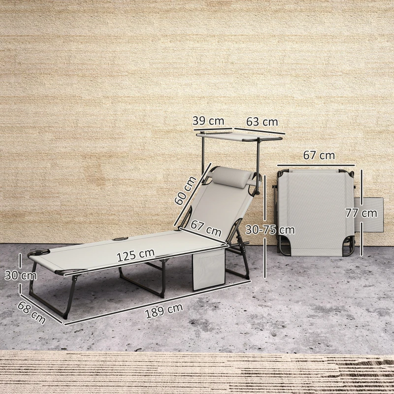 Outsunny Chaise longue pliable avec auvent, Matelas de jardin, Chaise longue avec dossier ajustable en 4 positions Gris clair