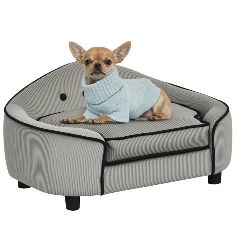PawHut Haustiersofa, Hundebett, Hundematte, Hundesofa, Naturholz+Plüsch, Grau, 66,5 x 45 x 35,5 cm