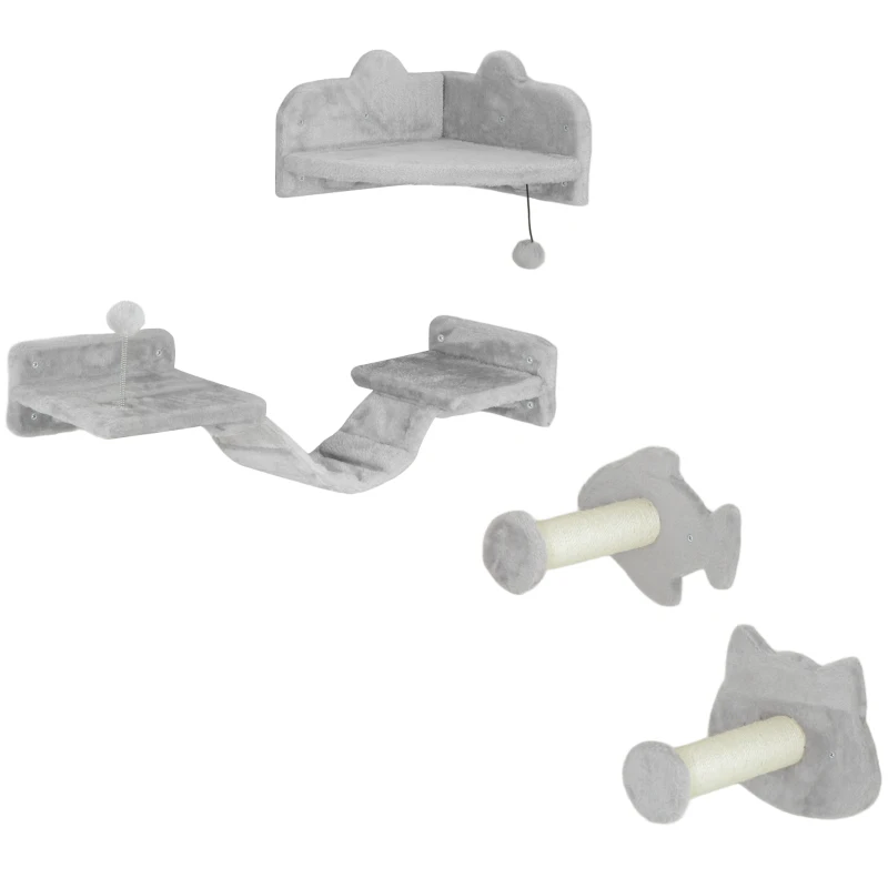 PawHut Conjunto de Prateleiras de Escalada para Gatos de 4 Peças com 2 Postes de Sisal e Plataforma para Saltar Cinzento