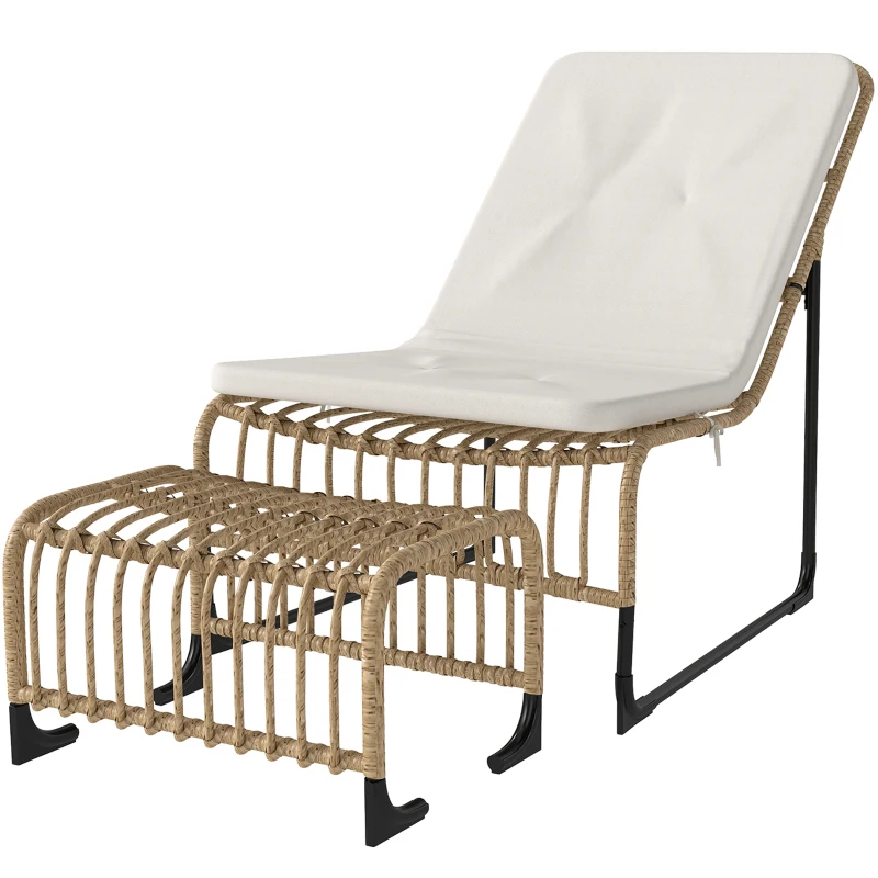Outsunny Fauteuil Relax en Rotin avec Repose-Pieds Résistant aux UV Chaise de Jardin avec Coussin Sangles 65 x 93 x 80 cm Bois Naturel