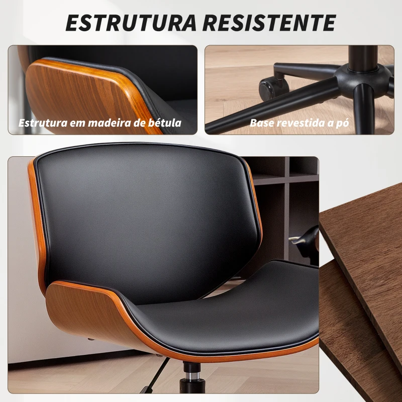 HOMCOM Cadeira de Escritório sem Braços Cadeira de Secretária Vintage Giratória Estofada em PU Altura Ajustável 52x54x74-84 cm Preto e Madeira
