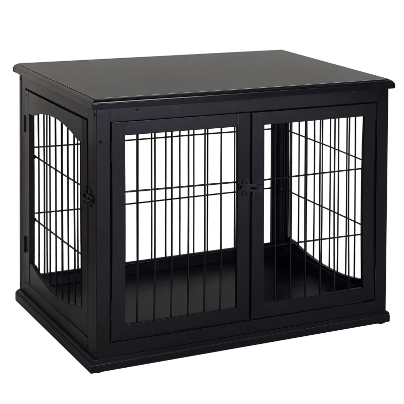 PawHut Jaula para Perros de Madera con Superficie de Mesa 2 Puertas y Rejillas de Metal 81x58,5x66 cm Negro