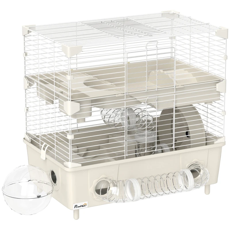 PawHut Cage à Hamster à 2 Niveaux et 3 Portes avec Roue et Tubes, en Acier, PS et PP, 44,5x28x44 cm, Crème et Blanc