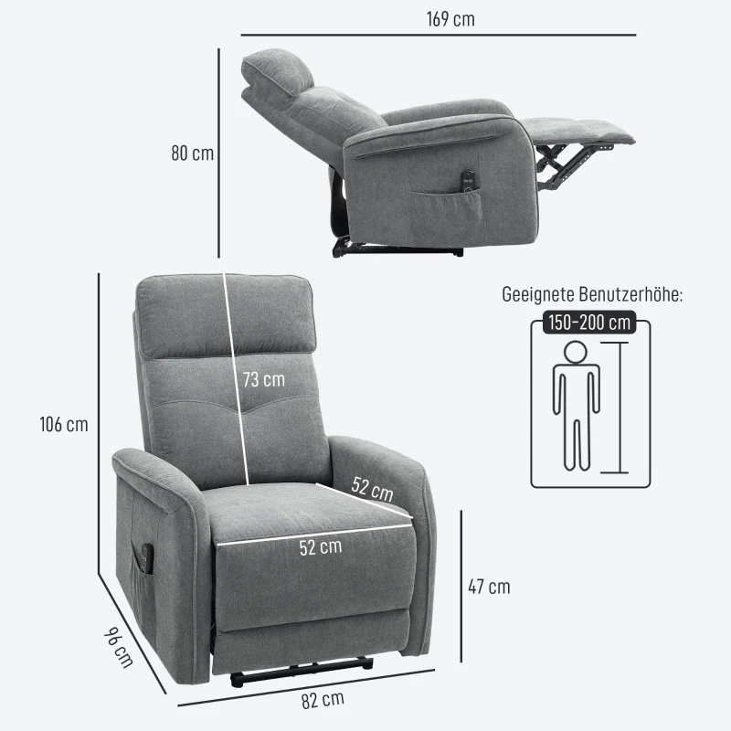 HOMCOM Fauteuil de Massage avec Télécommande, 8 Points de Massage, Chauffage Lombaire, Port USB, Sac Latéral, Fauteuil Rembourré, Gris