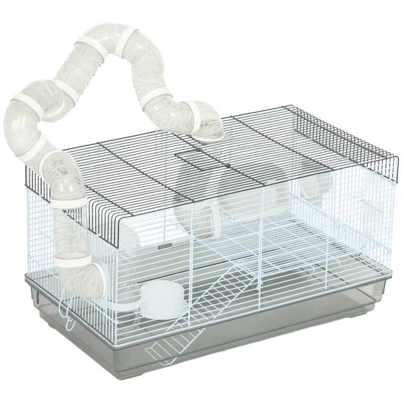 PawHut Cage hamster cage rongeur avec tunnel et accessoires inclus fil d'acier 58 x 32 x 31 cm gris