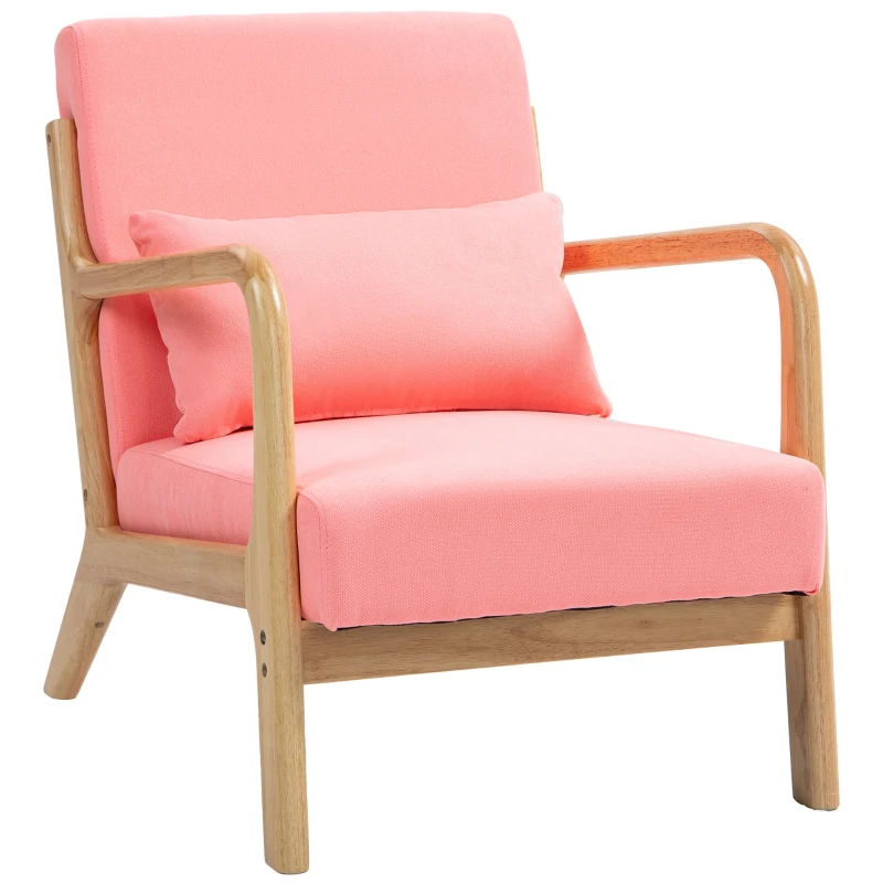 HOMCOM Butaca Nórdica Sillón de Salón Acolchado con Reposabrazos Cojín y Marco de Madera de Caucho 61x78x76 cm Rosa
