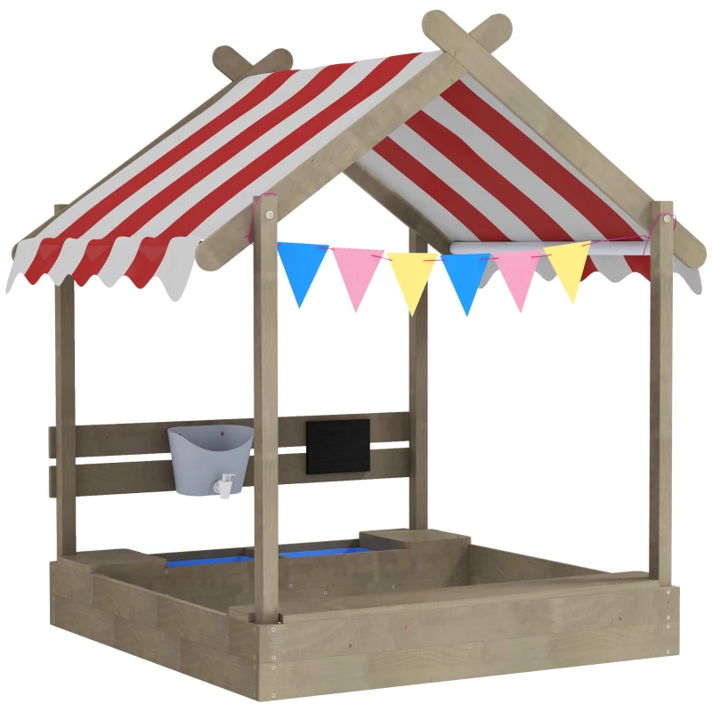 Outsunny Bac à sable avec protection solaire, design de maison de jeu, avec ensemble de jouets, bois massif traité, 124 x 116 x 146 cm, Gris