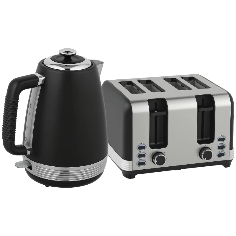 HOMCOM Stainless Steel Kettle and Toaster Set, 1.7L 3000W Rapid Boil Jug Kettle with UK Strix Thermostat, Limescale Filter, 4 Slice Toaster with 7 Browning Controls, Crumb Tray, Black and Silver Tone