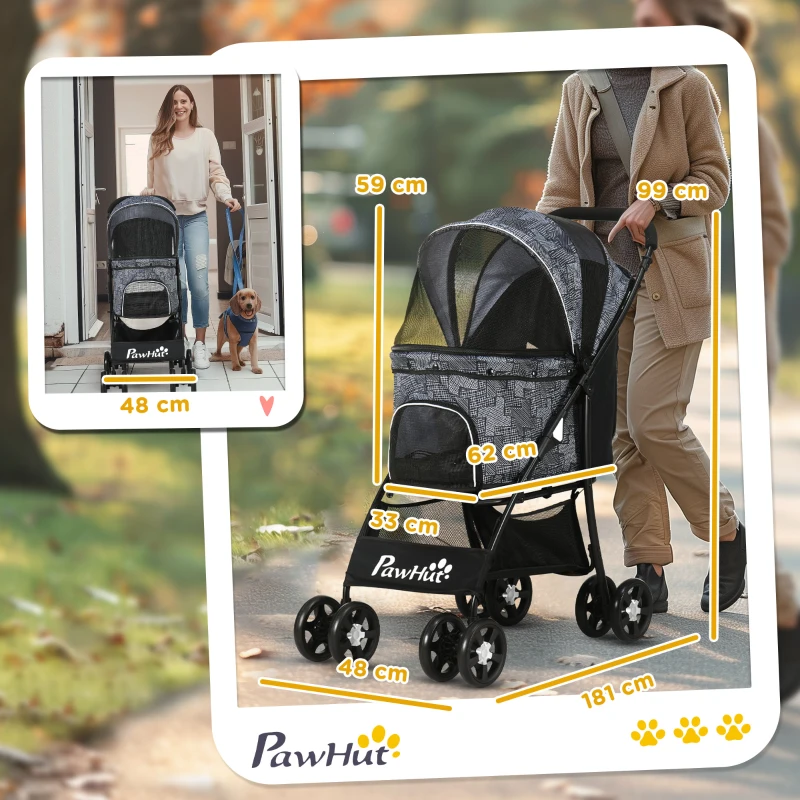 PawHut poussette pour chien, pliable, 1 panier, 1 coussin, 1 sac latéral, 81 cm x 48 cm x 99 cm, Gris