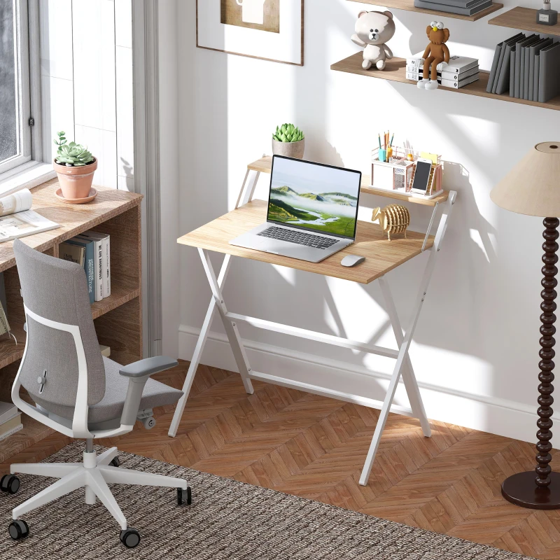 HOMCOM Bureau Pliable avec Étagère pour Moniteur, 81,5x62x86,5 cm, Bois et Blanc