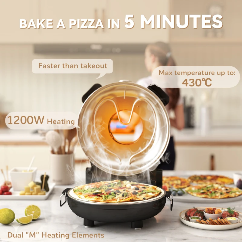 HOMCOM Elektrische Pizzaoven 430 ℃, 1200 Watt Pizzabakker met 30 cm Steenplaat, Timer, Zichtvenster, Roestvrij staal Zwart(m-4)