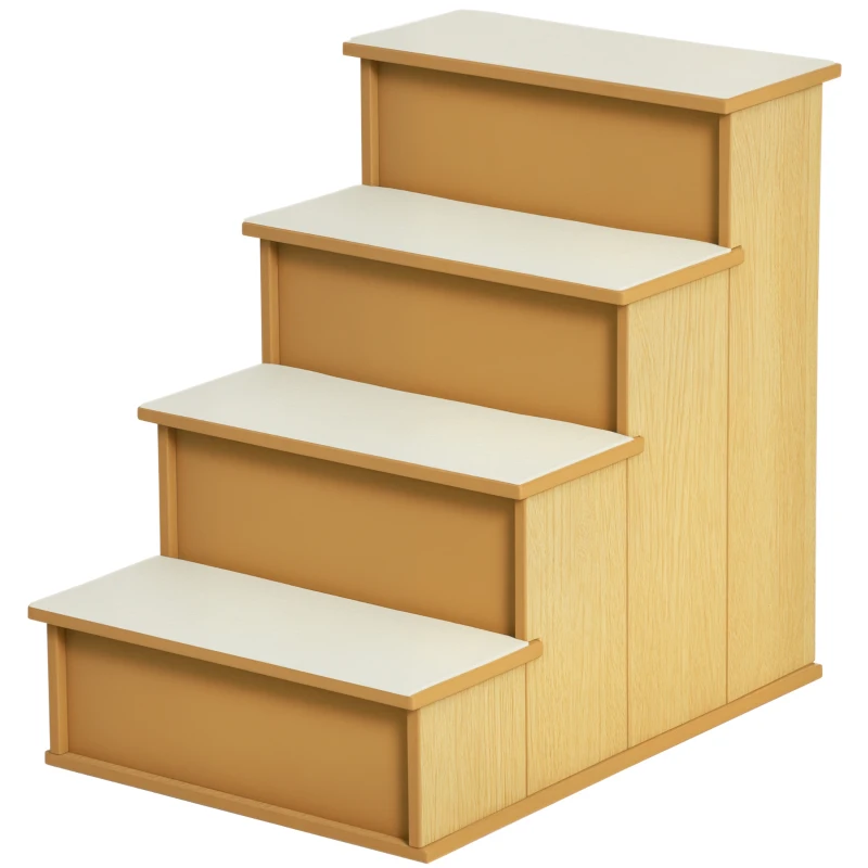 PawHut Escada para Animais de Estimação de 4 Degraus Escada para Cães e Gatos com Tapetes Antideslizantes Removíveis 40x59x54,2 cm Madeira e Creme