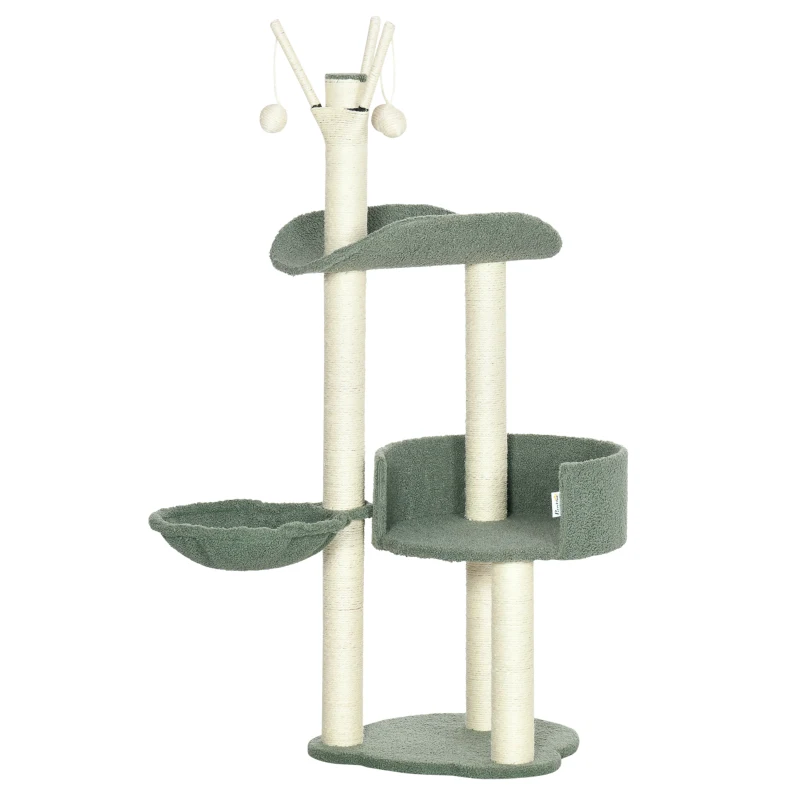PawHut Árbol Rascador para Gatos con Hamaca Camas Postes de Sisal y Bolas de Juego 44x43x123 cm Verde y Crema