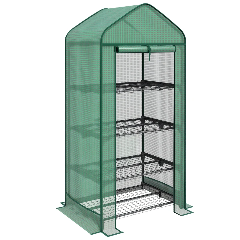 Outsunny Serre pour Plantes à 4 Étagères avec Porte Enroulable, en Métal et PE, 69x49x158 cm, Vert Foncé