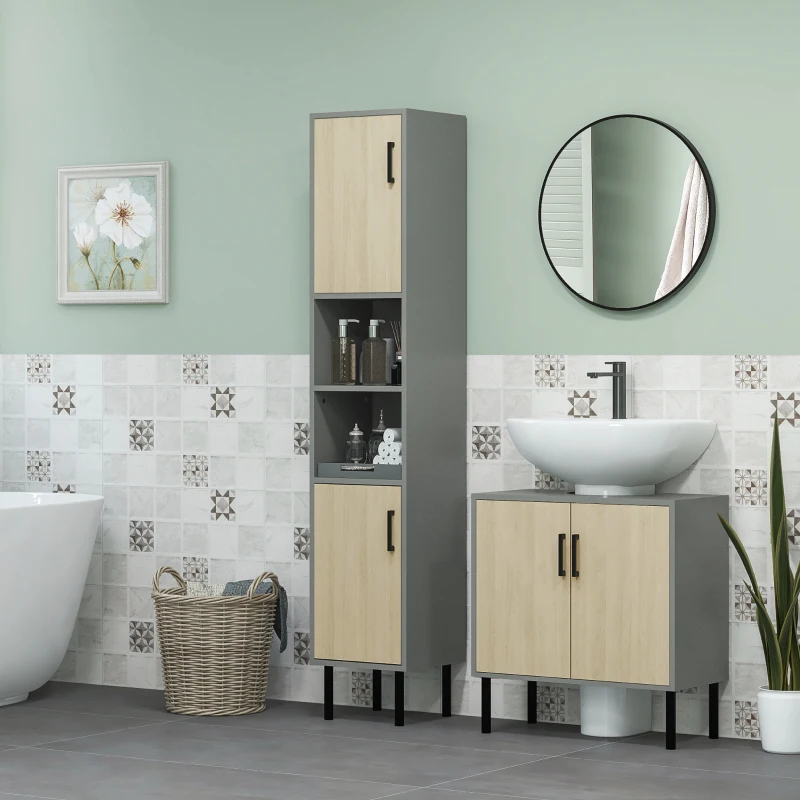 kleankin Mobile Salle de Bain sous-lavabo avec Double Porte et Étagère en Mélaminé, 60x30x60 cm, Gris et Chêne