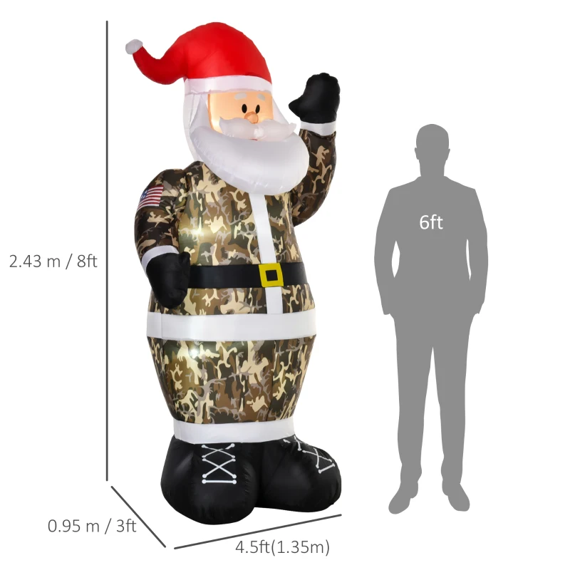 HOMCOM 8ft Christmas Inflatable Outdoor Santa Claus Saluting in Camouflage, Blow Up Yard Decoration Built-in LED Lights for Holiday Party Xmas Garden