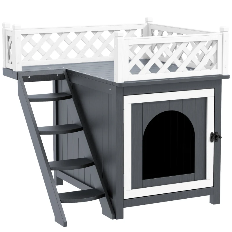 PawHut Maison pour chat niche pour chat à 2 étages avec balcon escaliers en bois massif 67,5 x 63 x 68,5 cm gris