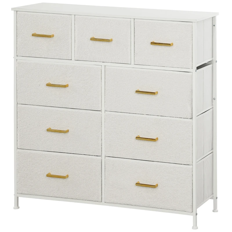 HOMCOM Commode en Tissu, 9 Tiroirs, Cadre en Acier, élégant, polyvalent, Blanc