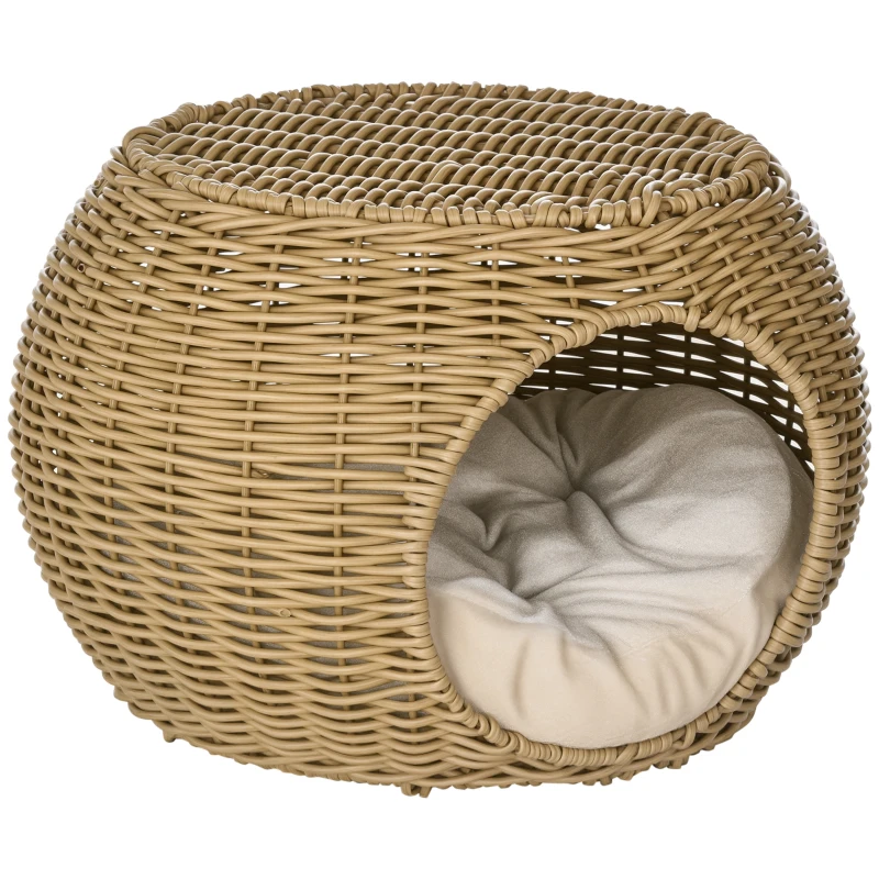 PawHut Niche panier maison pour chat 2 niveaux en résine tressée aspect rotin avec 1 coussin doux Ø 40 x 30 cm marron clair