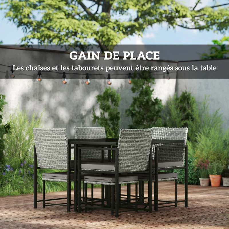 Outsunny Salon de jardin extérieur en résine tressée 8 places avec coussins et plateau en verre trempé, gris