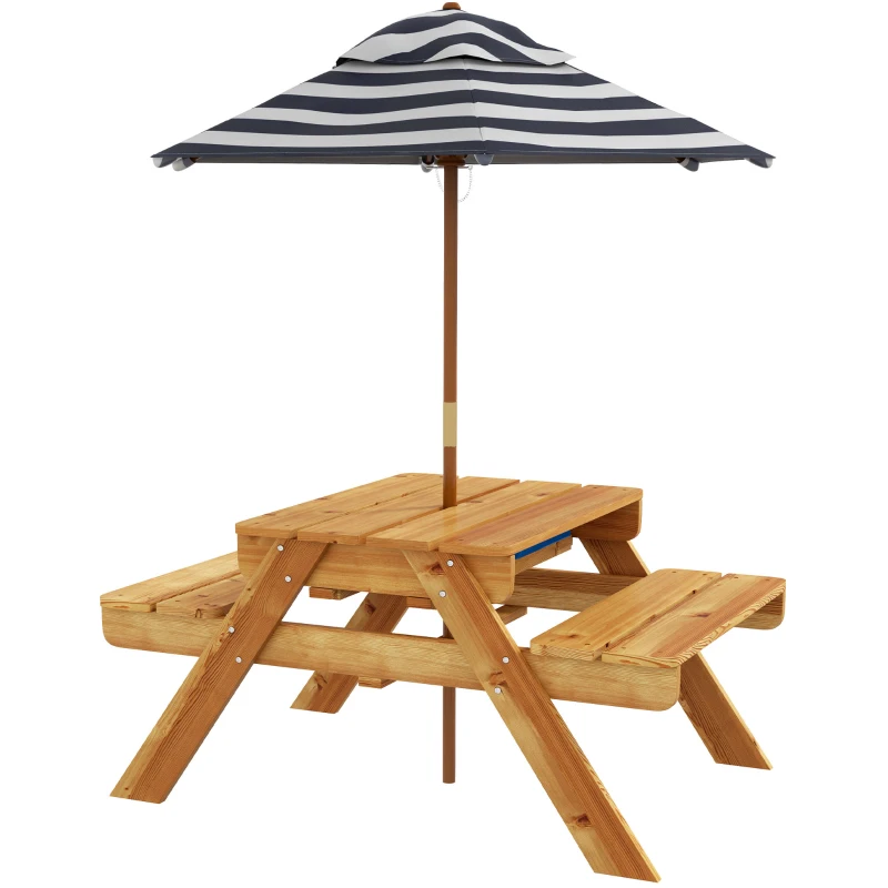 Outsunny Mesa y 2 Bancos Infantiles de Madera con Sombrilla y Arenero para Jardín Patio 89x80,5x142,5 cm Teca