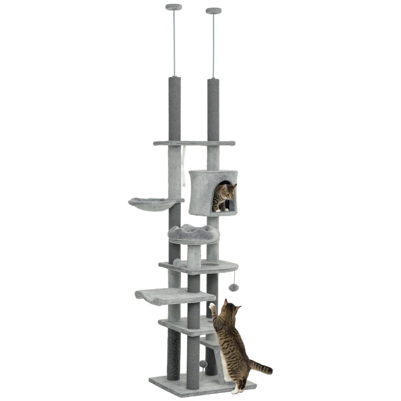 PawHut Arranhador para Gatos de Solo ao Teto com Altura Ajustável Rampa e Bolas de Brincar 60x48x225-255 cm Cinza