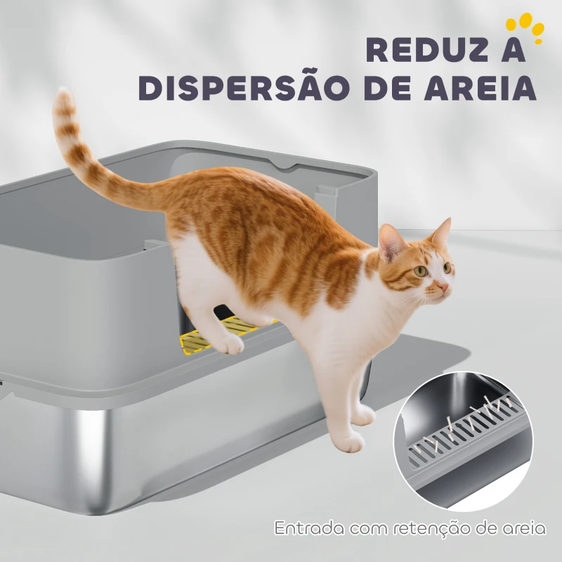 PawHut Caixa de Areia para Gatos em Aço Inoxidável XL Caixa de Areia para Gatos com Borda Alta e Pá 60x40x29,5 cm Cinzento
