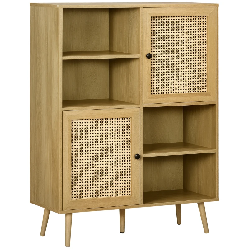 HOMCOM Buffet meuble de rangement armoire haut aspect bois et cannage design 2 portes - dim. 90L x 32,5l x 120H cm