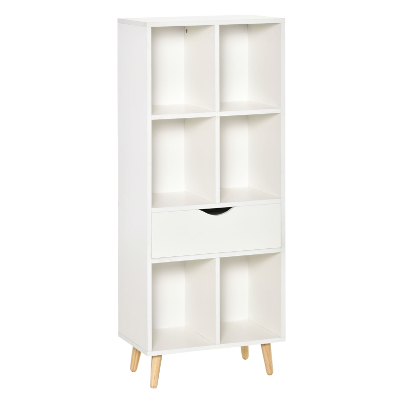 HOMCOM Estantería para Libros con 1 Cajón y Patas de Madera 6 Compartimentos Abiertos de Almacenaje 50x29,5x120 cm Blanco