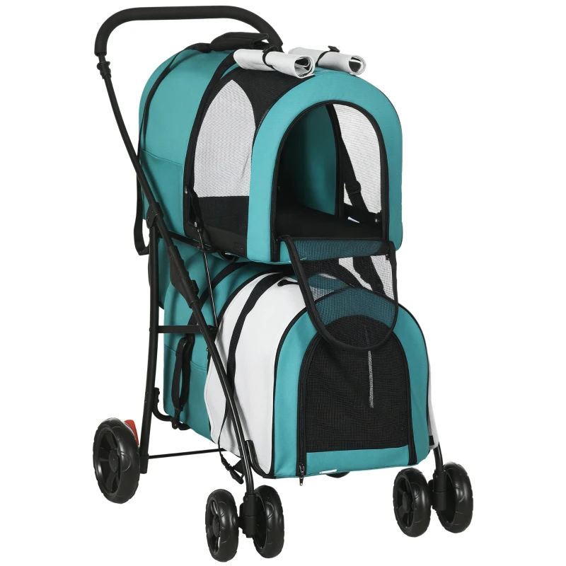PawHut Carrinho Duplo para Cães Gatos Dobrável com 2 Transportadoras Portáteis Cinto de Segurança 66x50x98 cm Turquesa e Cinza