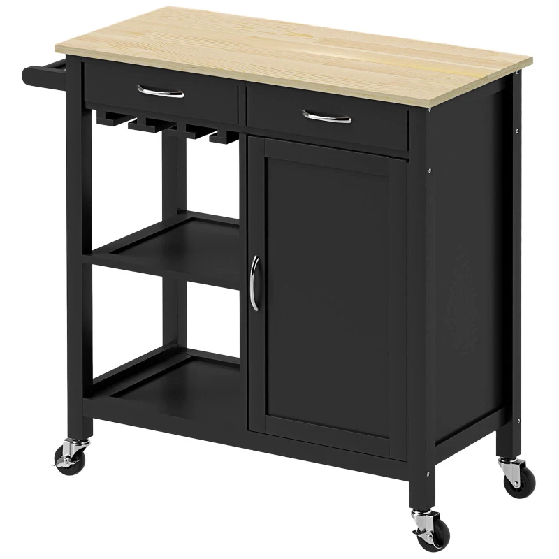 HOMCOM Chariot de Cuisine Classique avec Tiroirs, Roues et Placard 2 Portes Gain de Place 89x40x84cm, Noir