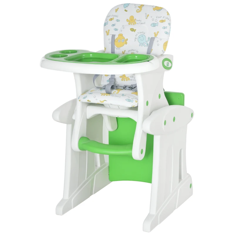HOMCOM Trona para Bebés 2 en 1 para 6 Meses a 6 Años Transformable en Mesa y Silla Multifuncional Ajustable en 3 Posiciones Respaldo Alto Acolchado con 2 Bandejas Extraíbles 57x59x105 cm Verde