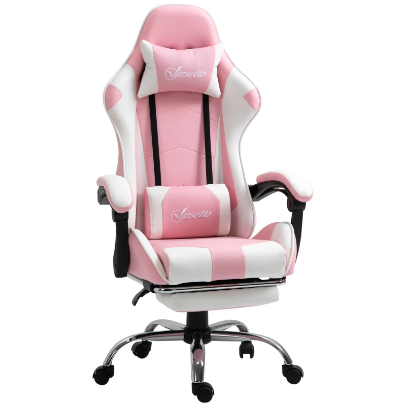 Vinsetto Silla Gamer Reclinable con Reposapiés Sillón Gaming con Reposacabezas Cojín Lumbar y Altura Ajustable 64x67x127 cm Rosa